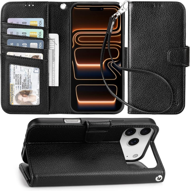 Arae Compatible with iPhone 17 Pro Max Case Wallet with Card Holder, Wristlet Strap Wallet Flip Cover for iPhone 17 Pro Max 6.9 inch Men/Women, RFID Blocking, Kickstand, Litchi Black - Image 1